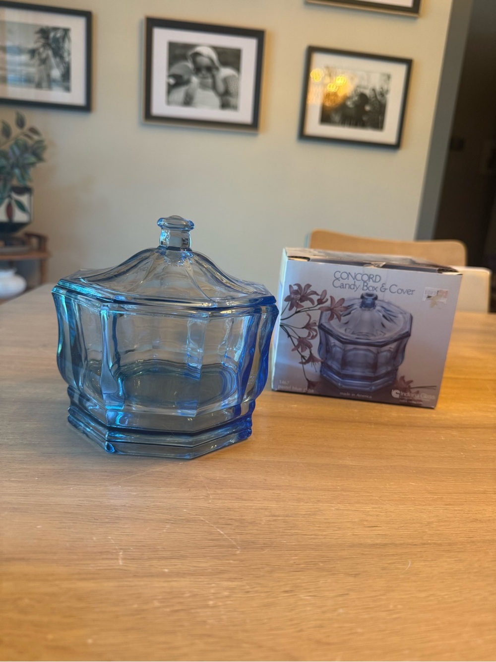 Vintage Indiana Concord pastel blue glass candy dish w/ lid and box